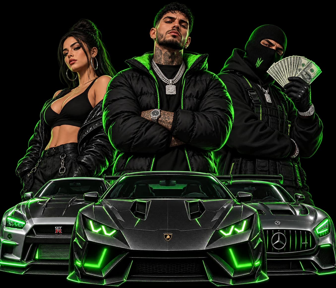 Three One State RP characters standing behind a Lamborghini, a GT-R and an AMG, all in black with green rim lighting